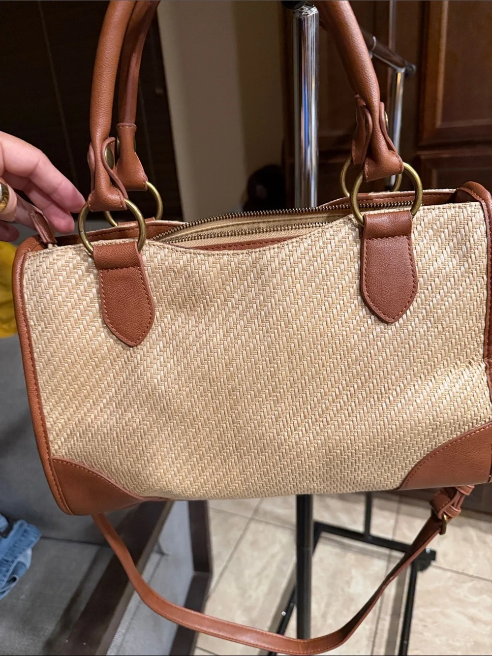 FRYE AND CO. Natural Woven Satchel with Tan Trim